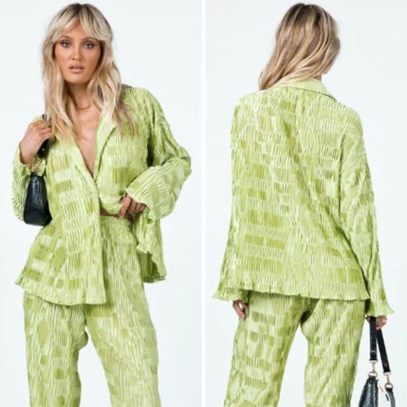 Princess Polly Tops - Princess Polly 'Lila' Lime Green Oversized Plisse Button Down Blouse